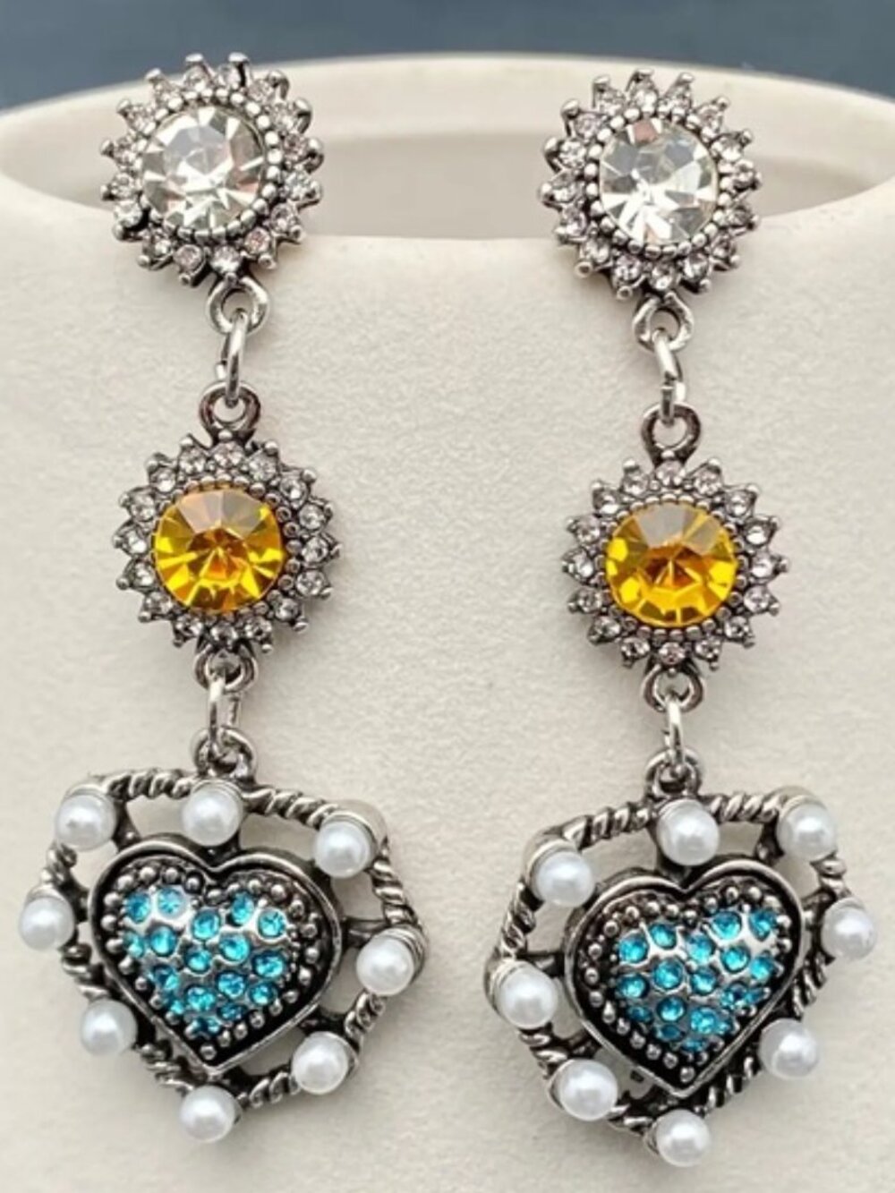 DESIGNER Romantic Heart Silver Multicolor Crystal + White Pearl Earrings**NEW!